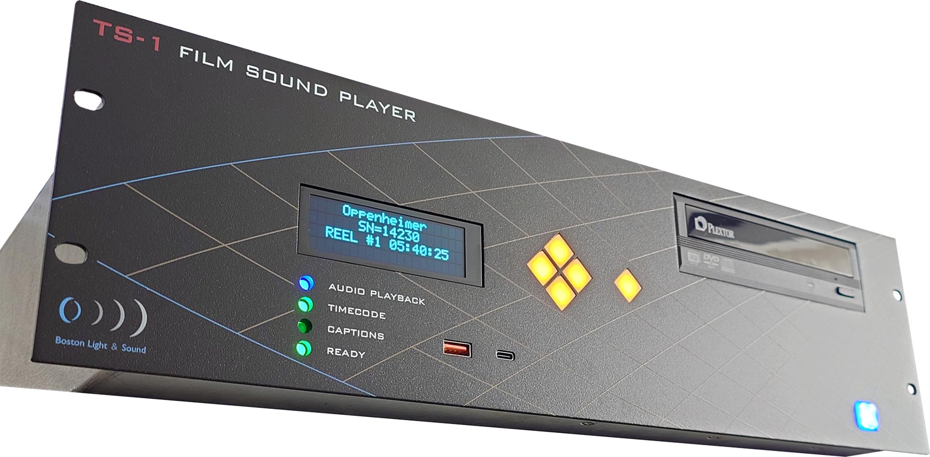 Audio hardware device with a digital status display and glowing buttons on a white background