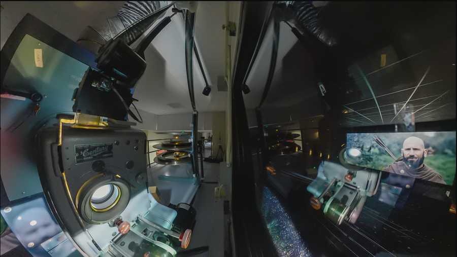 70mm film projector in a projection booth during The Odyssey run
