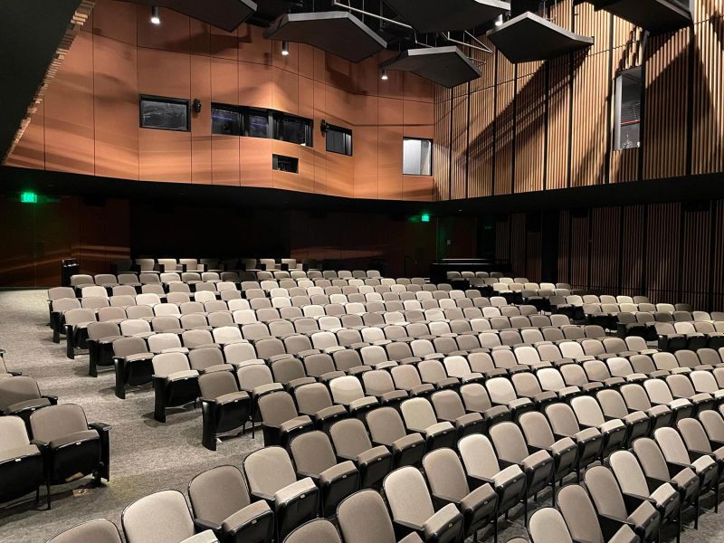 Modern theater interior with curved wood panel walls and rows of gray seats