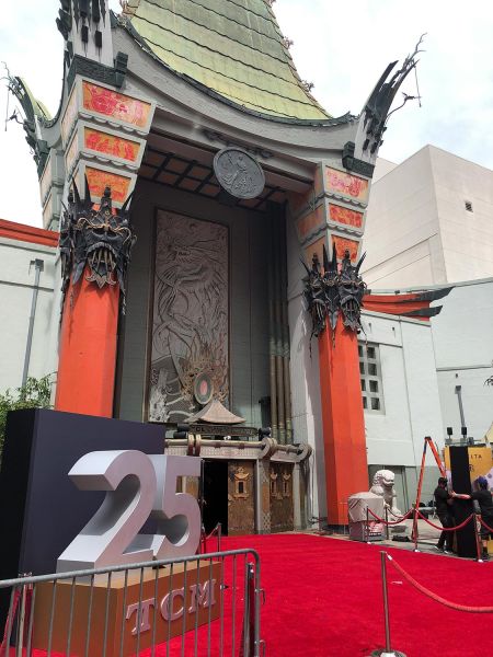 Chinese Theatre entrance with red carpet and 25th anniversary TCM display