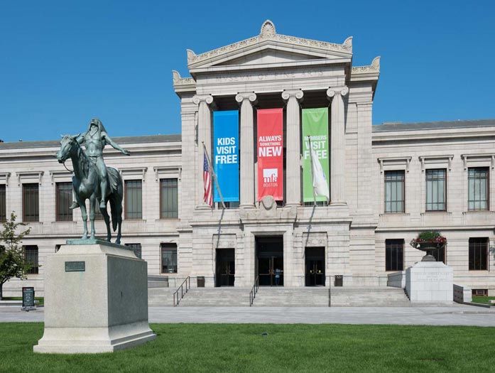 Museum of Fine Arts with banners and equestrian statue in front